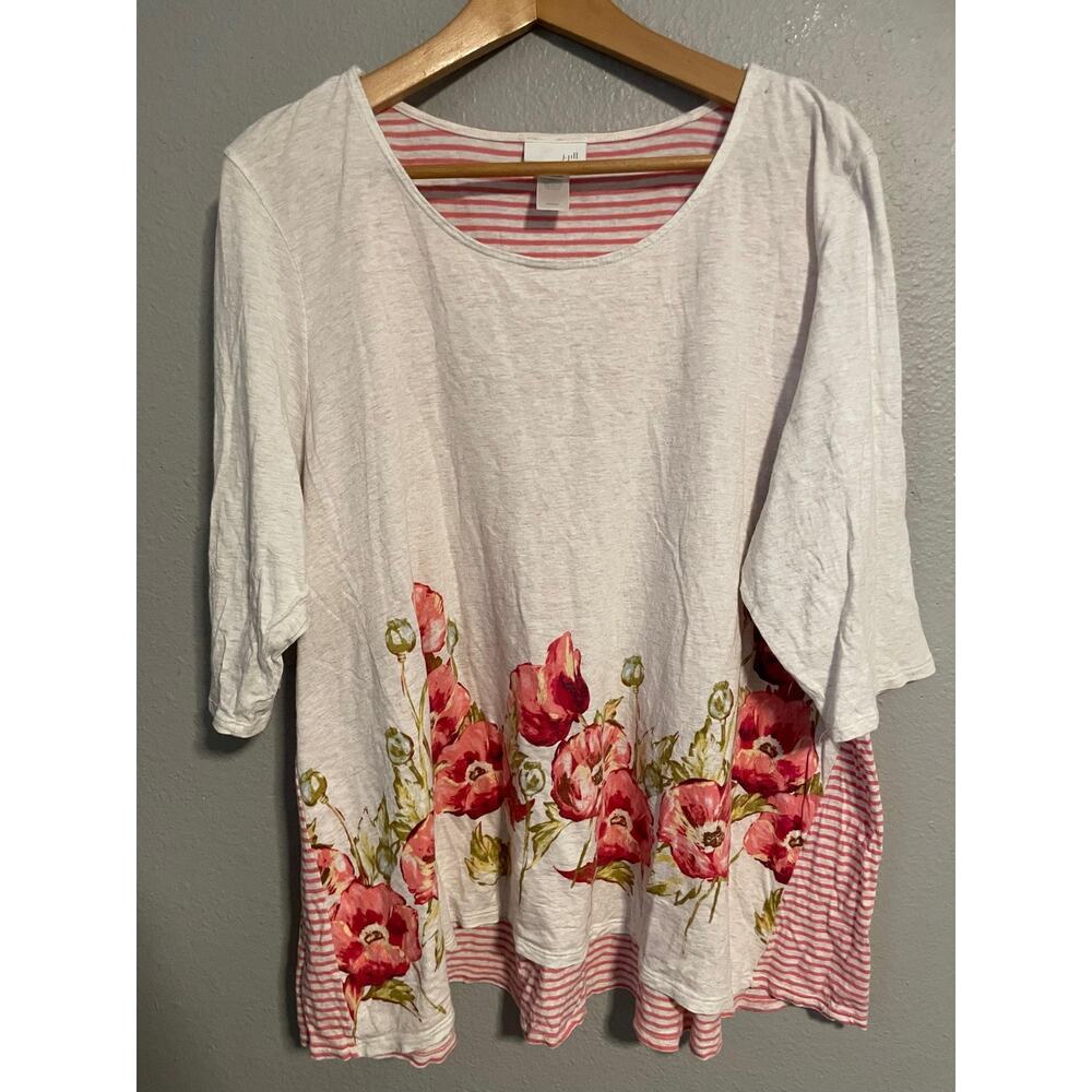 J. Jill Shirt Womens 2X White Pink Floral Stripe Tunic Scoop Neck 3/4 Sleeve